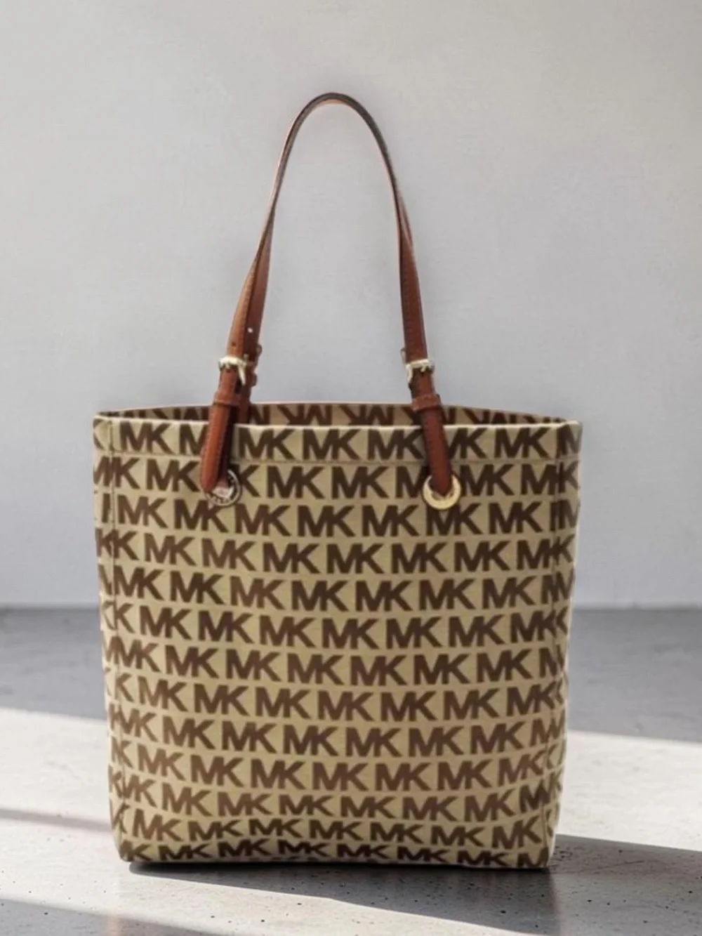 Michael Kors Jet Set Signature Tan and Brown MK Logo Shoulder Tote